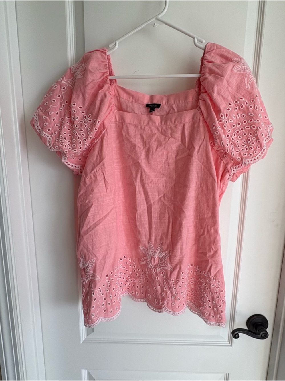 Talbots Pink Large Linen Blend Eyelet Square Neck Puff Sleeve Embroidered Blouse
